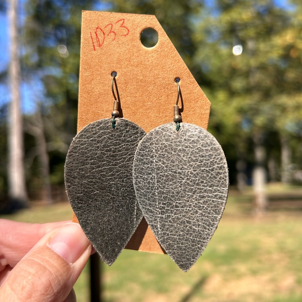 Handmade Grayish Brown Leather Teardrop Earrings